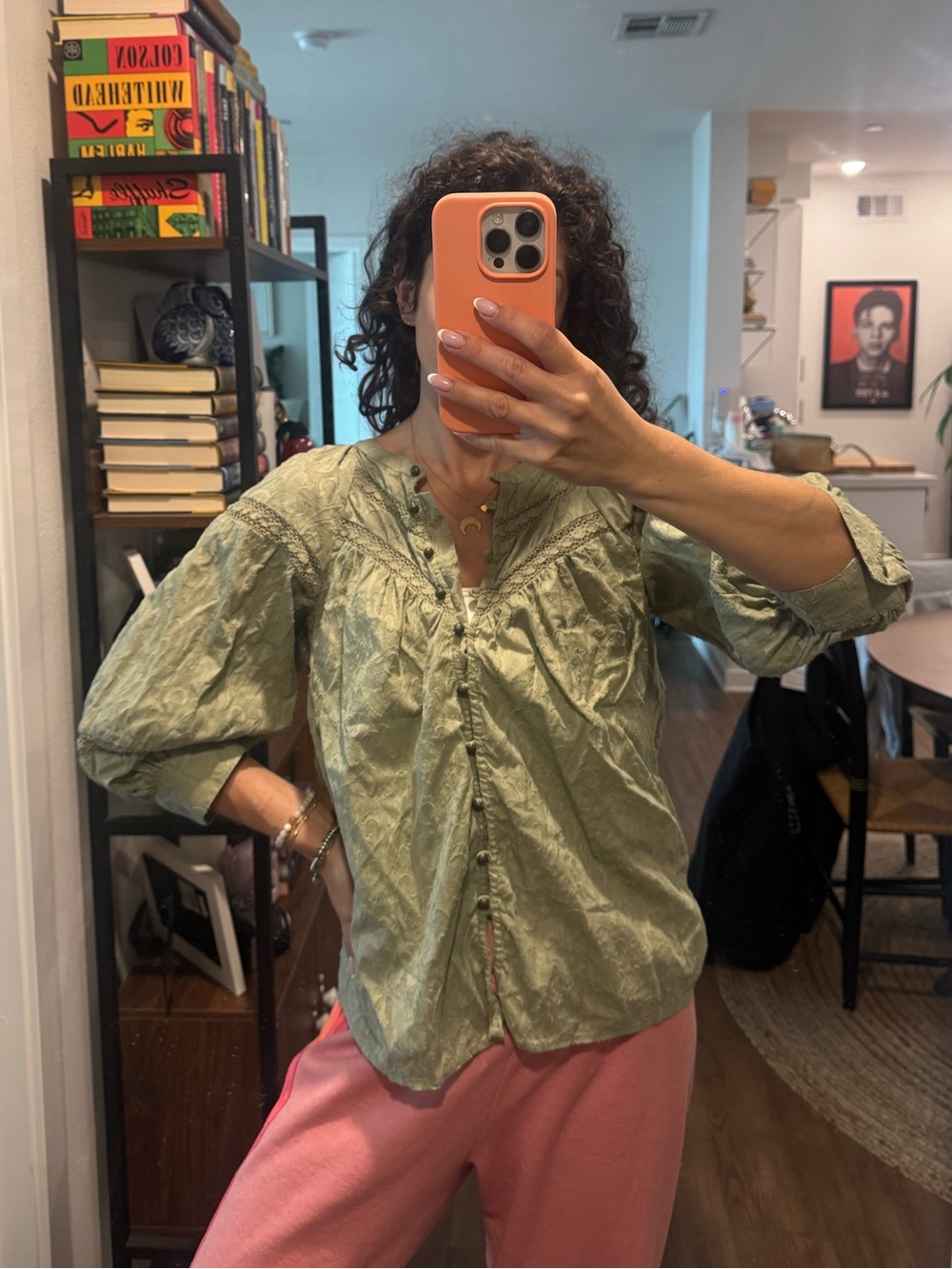 Anthropologie Sage Green Button-Front Puff Sleeve Blouse